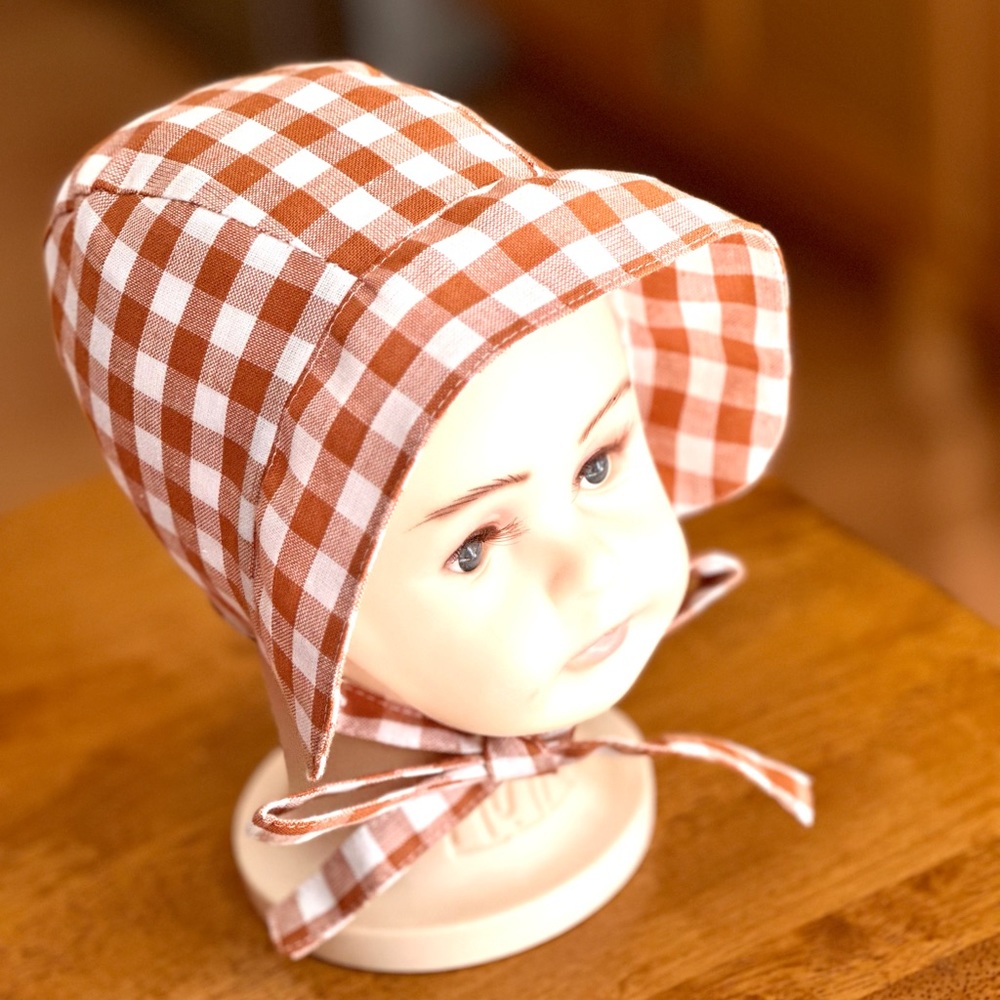 Baby Bonnet Tan Gingham 1-3 Mo